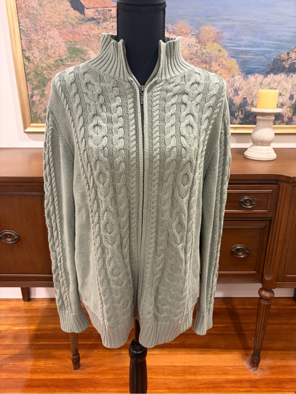L.L. Bean Women’s 100% Cotton Olive Cable-Knit Full-Zip Sweater